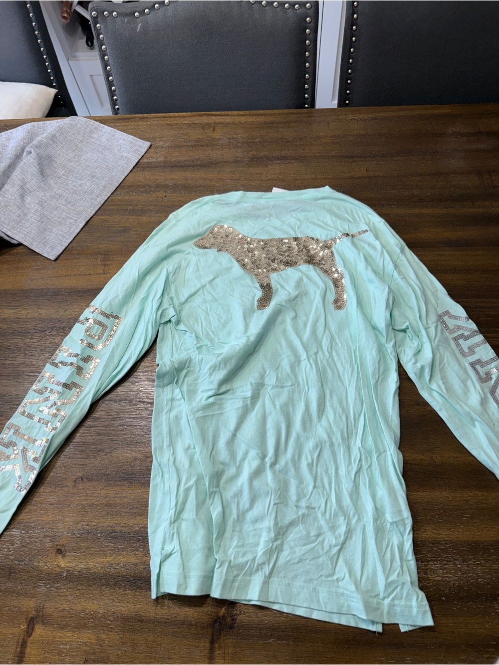 PINK Victoria's Secret Mint Green Long Sleeve Sequin Dog Logo Sweater